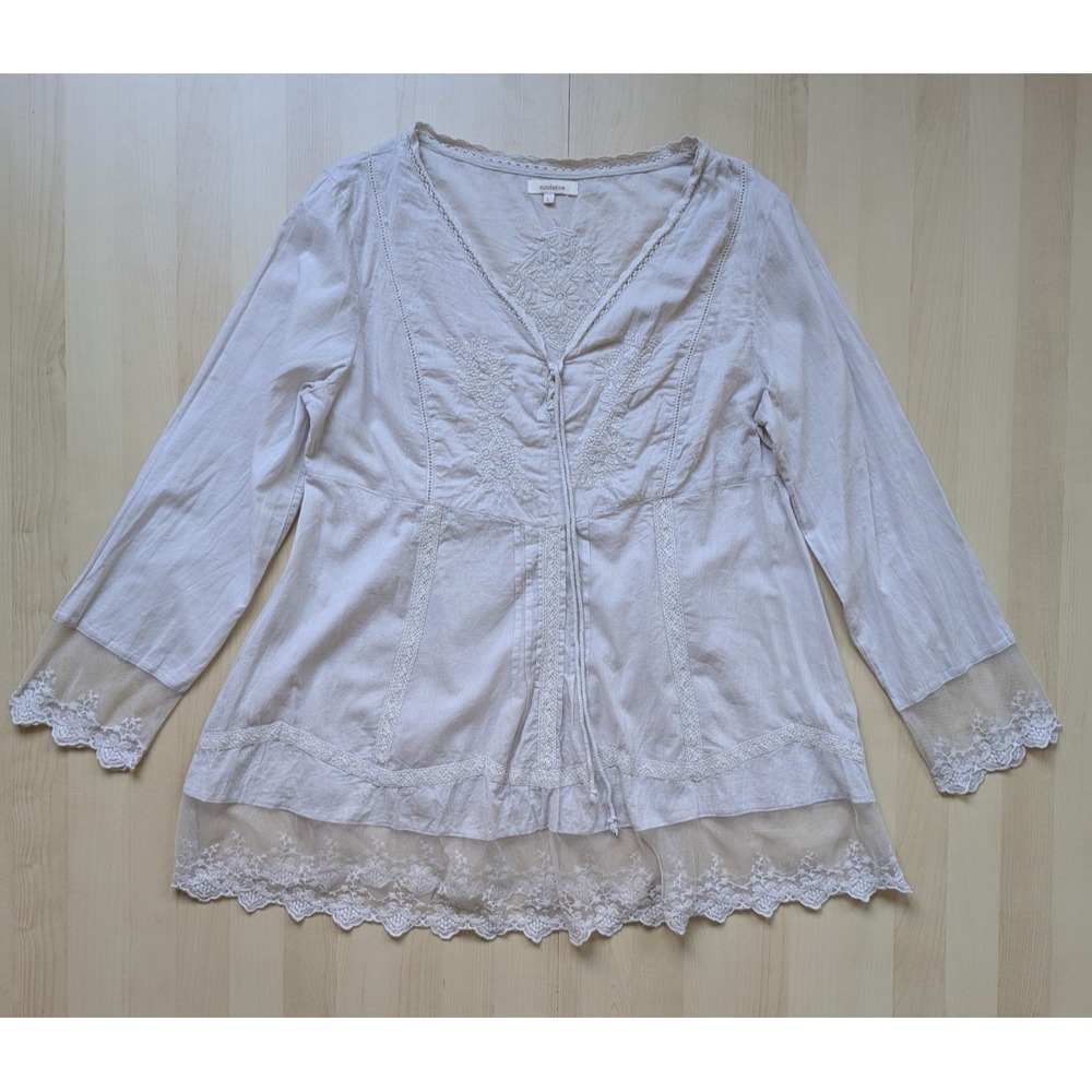 Sundance Lace Embroidered Peasant Princess Boho‎ Flute Sleeve Babydoll Tunic L - Picture 2 of 16